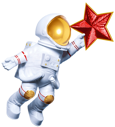 Composizione decorativa natalizia con astronauti, una stella e un pianeta che si presenta come una luce per l’albero di Natale